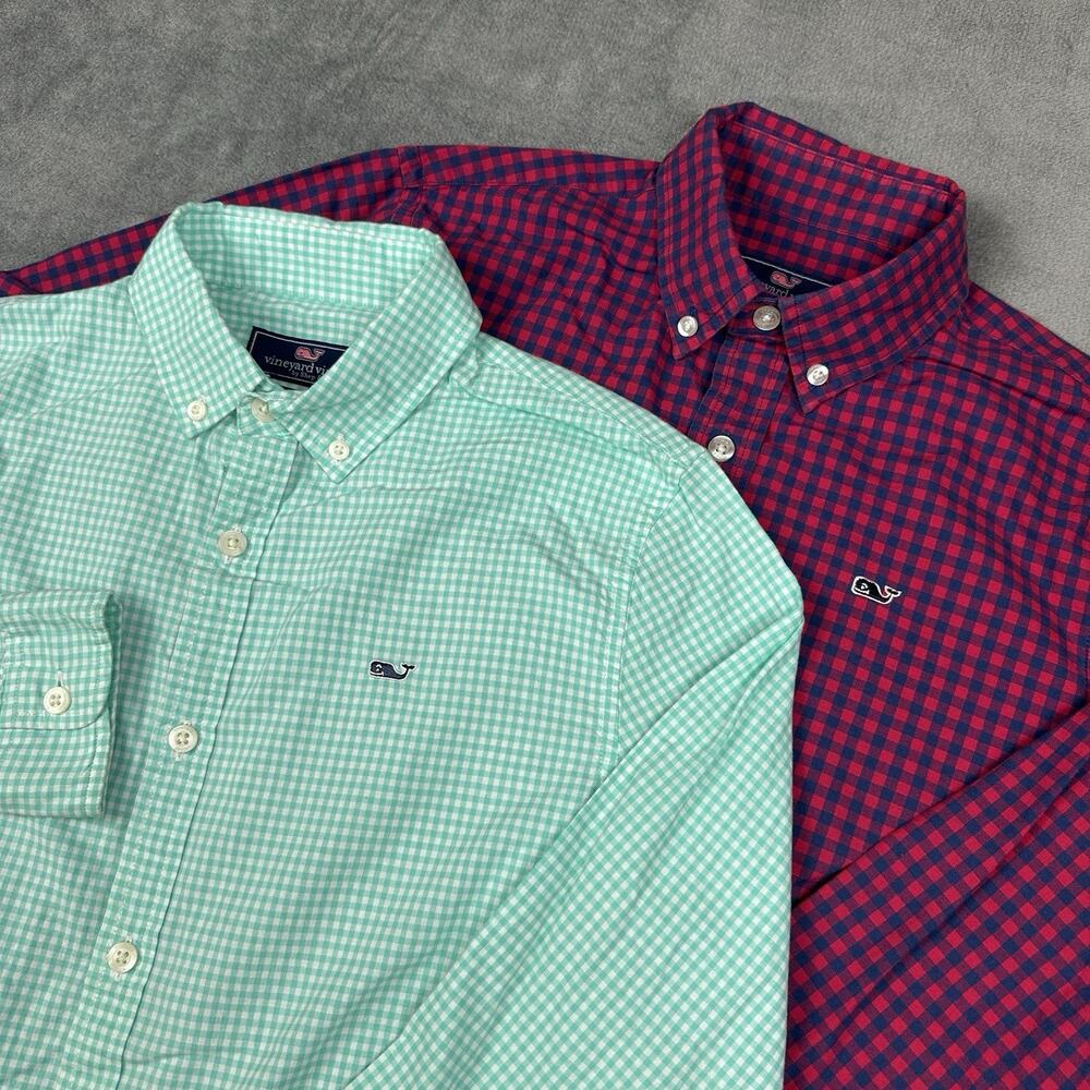 Vineyard Vines Lot Of 2 Whale Shirt Boys M 12-14 Blue Red Gingham Button Down